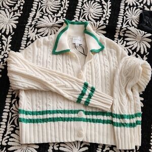 Pink Rose Cream Cable Knit Cardigan with Green Trim